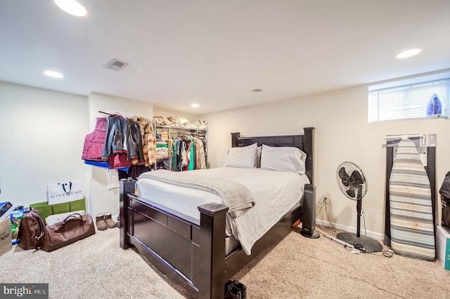 bedroom featuring carpet flooring, visible vents, and recessed lighting