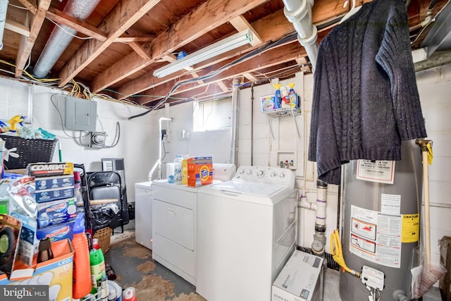 washroom featuring laundry area, electric panel, and washer and clothes dryer