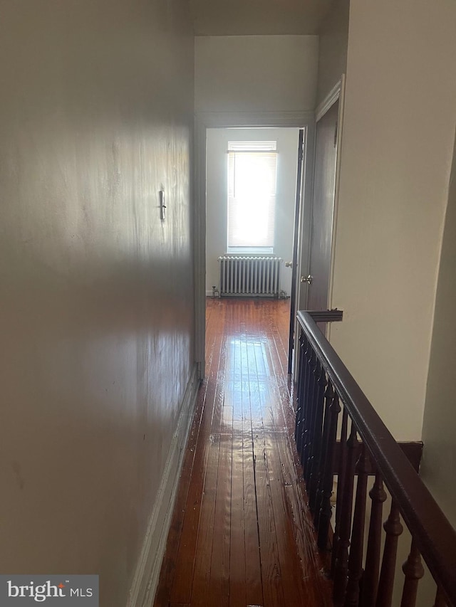 hallway featuring radiator and dark wood-style flooring