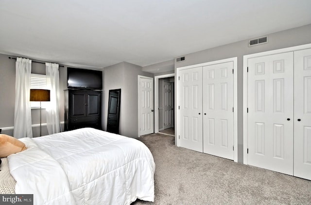 bedroom with visible vents, multiple closets, and carpet flooring