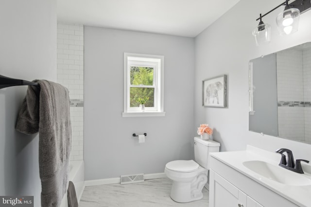 full bath with marble finish floor, visible vents, toilet, vanity, and baseboards