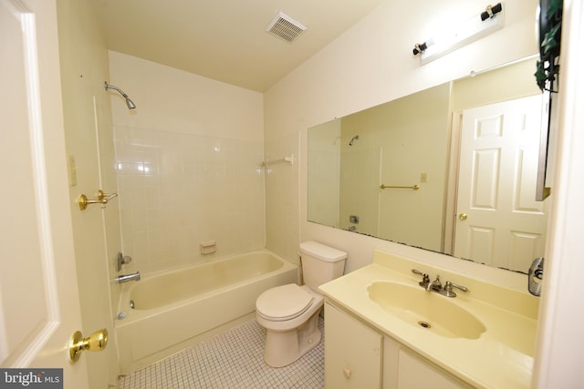 bathroom with bathing tub / shower combination, visible vents, toilet, vanity, and tile patterned flooring