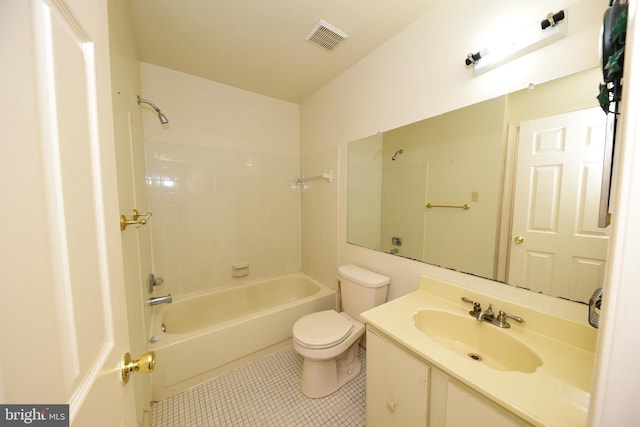 bathroom with tile patterned flooring, toilet, shower / bath combination, vanity, and visible vents