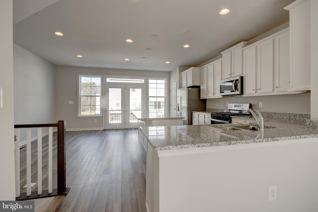 kitchen with recessed lighting, wood finished floors, a sink, french doors, and appliances with stainless steel finishes