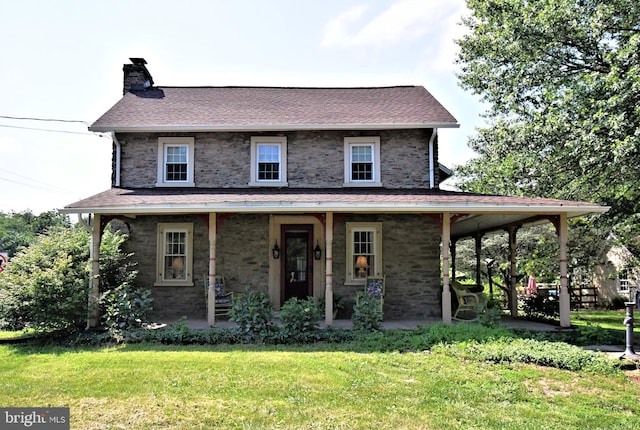 1200 Branch Rd, Perkasie, PA 18944 - farmhouse inspired home featuring covered porch, a chimney, a front lawn, stone siding, and roof with shingles