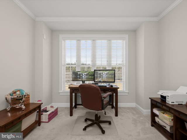 office area with baseboards, carpet floors, and ornamental molding