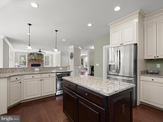 kitchen with beverage cooler, recessed lighting, stainless steel fridge, and dark wood-style flooring