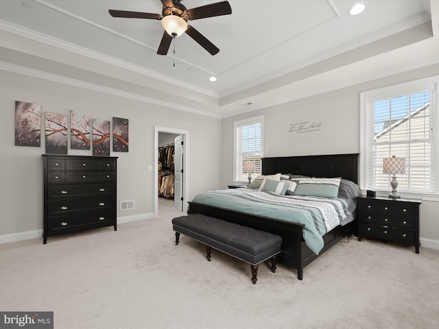 carpeted bedroom featuring a spacious closet, baseboards, and a tray ceiling