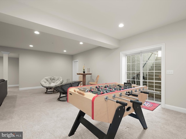 game room with recessed lighting, baseboards, and carpet