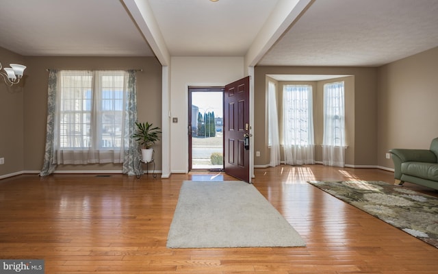 entryway featuring a wealth of natural light, hardwood / wood-style flooring, and baseboards