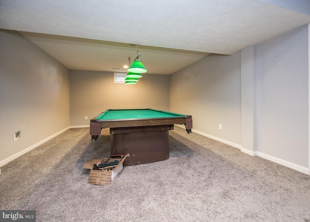 game room featuring pool table, carpet, and baseboards