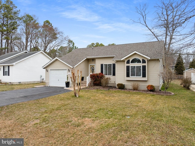 view of front of property with a garage, roof with shingles, aphalt driveway, and a front lawn