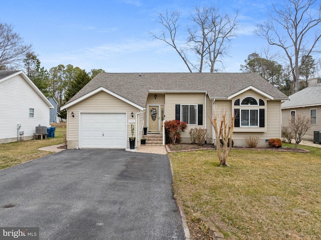 view of front of home featuring aphalt driveway, roof with shingles, crawl space, central AC, and a front lawn