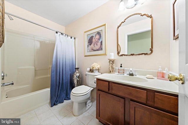 bathroom featuring toilet, tile patterned flooring, shower / tub combo with curtain, and vanity