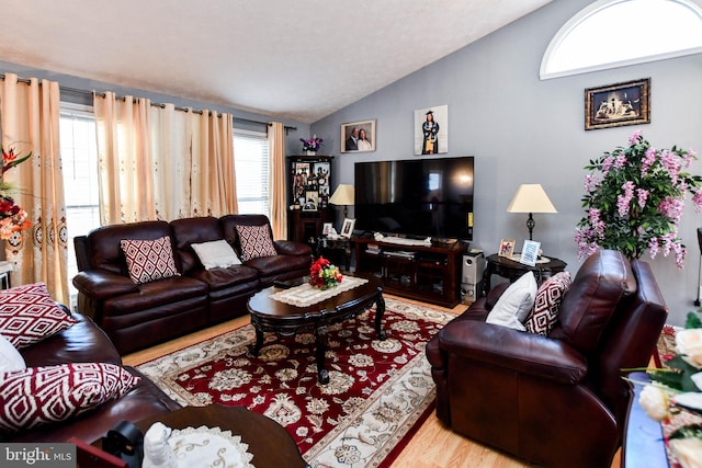 living area featuring wood finished floors and vaulted ceiling