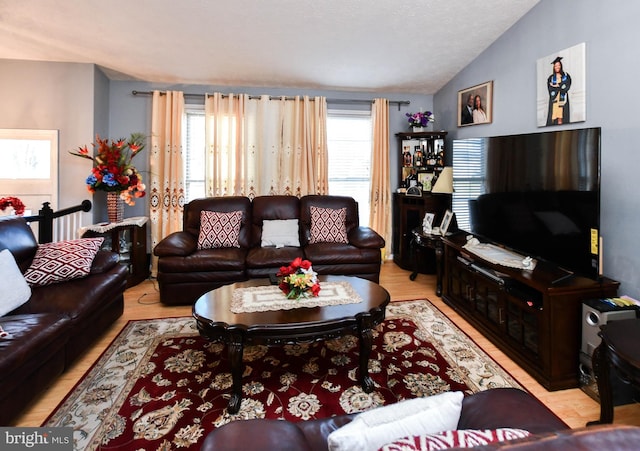 living room with wood finished floors and vaulted ceiling