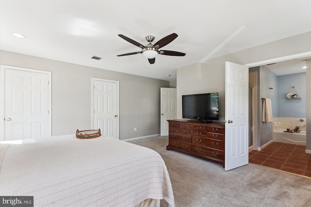 3246 Blundell Rd, Falls Church, VA 22042 - bedroom featuring visible vents, connected bathroom, carpet floors, baseboards, and ceiling fan