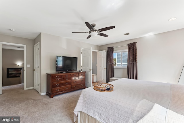 3246 Blundell Rd, Falls Church, VA 22042 - bedroom with baseboards, a ceiling fan, visible vents, and light colored carpet