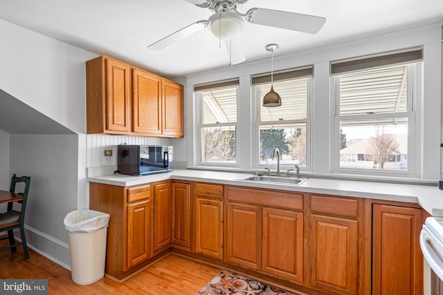 kitchen featuring brown cabinetry, stainless steel microwave, light countertops, and a sink