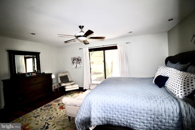 bedroom with access to outside, a ceiling fan, wood finished floors, and recessed lighting