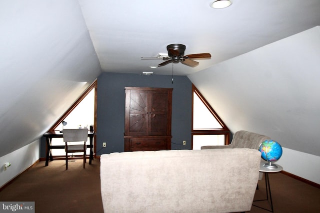 bonus room featuring baseboards, a ceiling fan, vaulted ceiling, and carpet flooring