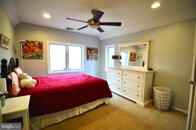 bedroom featuring ceiling fan, light colored carpet, recessed lighting, baseboards, and visible vents