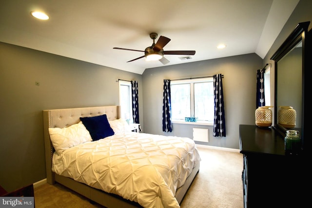 bedroom featuring visible vents, vaulted ceiling, baseboards, carpet flooring, and recessed lighting