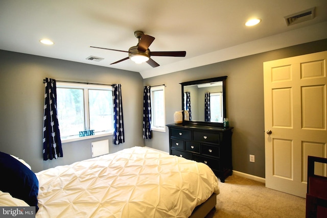 carpeted bedroom featuring recessed lighting, ceiling fan, visible vents, and baseboards