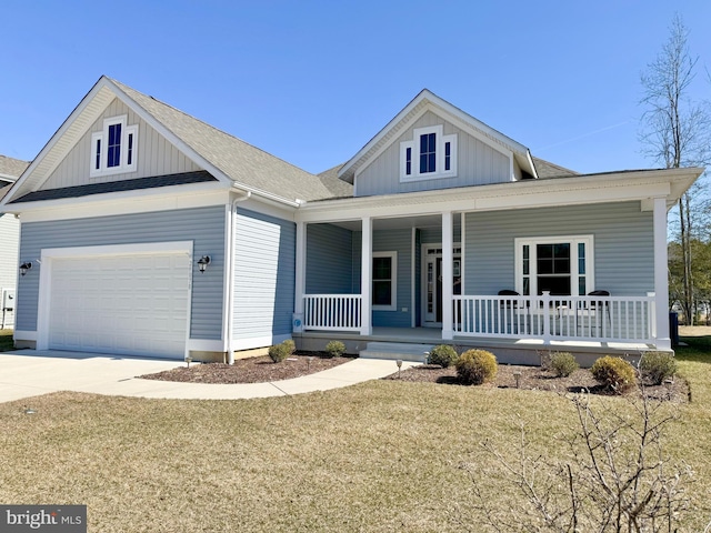 view of front facade featuring board and batten siding, covered porch, concrete driveway, roof with shingles, and a garage