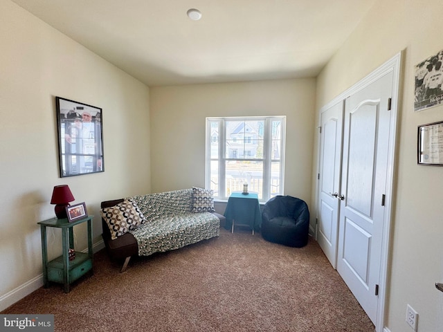 sitting room featuring baseboards and carpet flooring