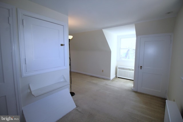 additional living space with baseboards, carpet, and radiator