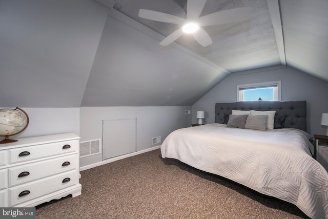 bedroom featuring vaulted ceiling, visible vents, dark colored carpet, and ceiling fan