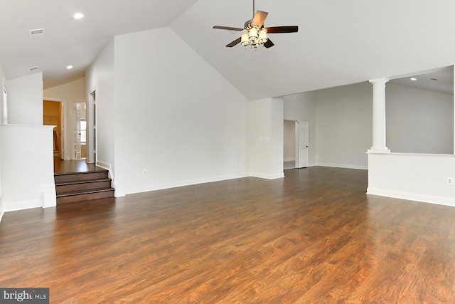 unfurnished living room with recessed lighting, a ceiling fan, wood finished floors, high vaulted ceiling, and ornate columns