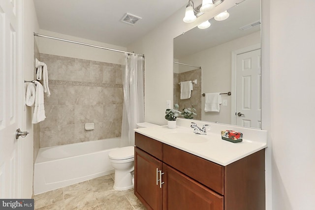 full bathroom with shower / bath combo, visible vents, vanity, and toilet