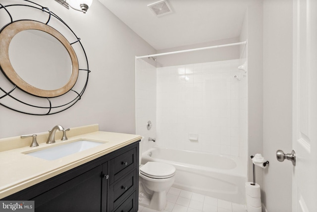 full bath with toilet, bathtub / shower combination, visible vents, and vanity