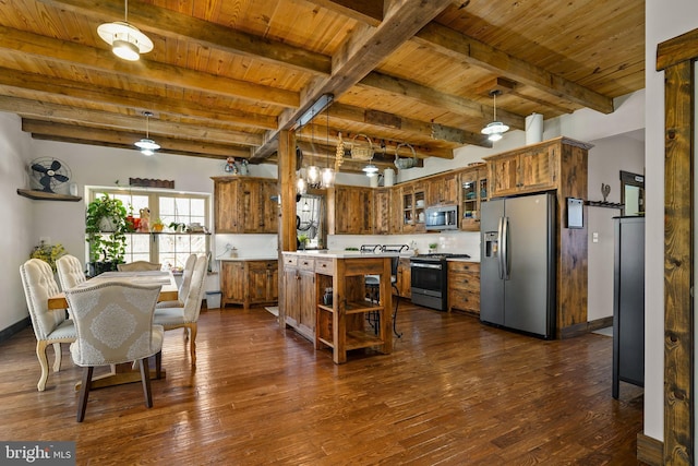 kitchen featuring brown cabinets, open shelves, stainless steel appliances, light countertops, and wooden ceiling