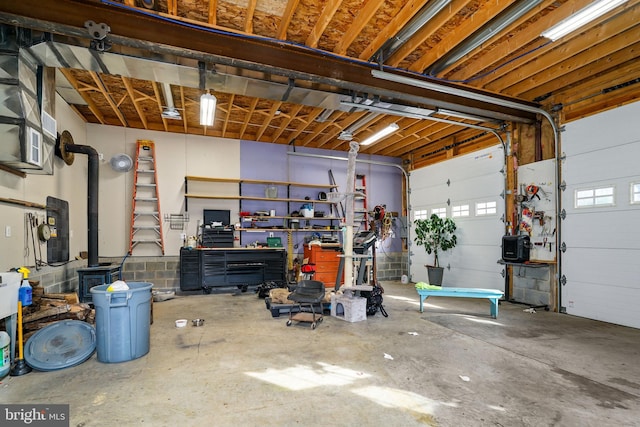 garage with a workshop area