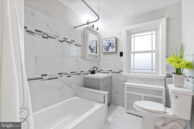 full bath with toilet, tile walls, vanity, marble finish floor, and radiator