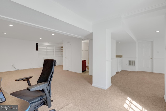 office space with recessed lighting, visible vents, ornamental molding, and light colored carpet