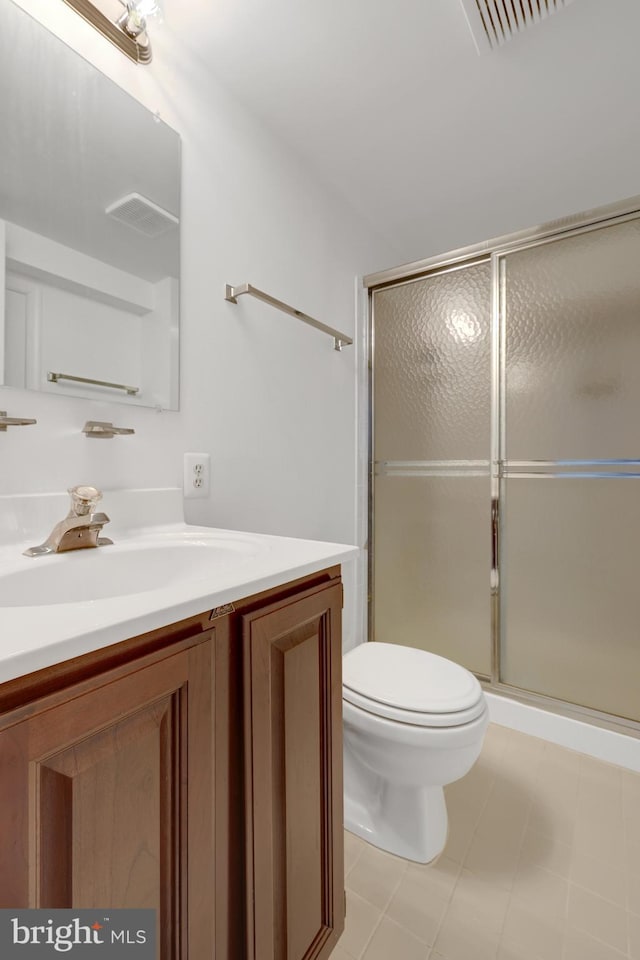 full bathroom with visible vents, toilet, a shower stall, and vanity