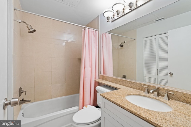 full bathroom with toilet, vanity, visible vents, a closet, and shower / bathtub combination with curtain