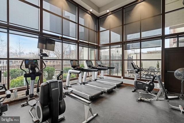 gym featuring floor to ceiling windows and a towering ceiling