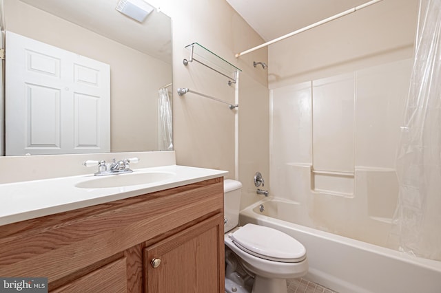 full bathroom with visible vents, shower / tub combo, vanity, and toilet