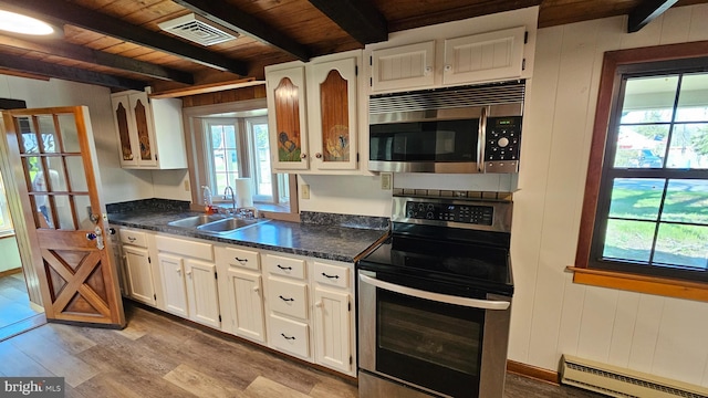 kitchen with visible vents, wooden ceiling, a baseboard radiator, appliances with stainless steel finishes, and a sink