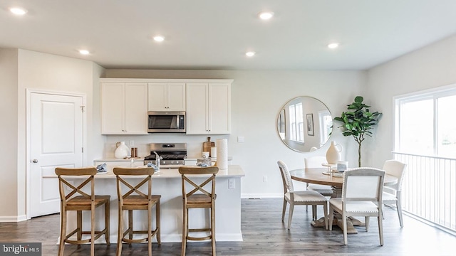 kitchen with dark wood finished floors, appliances with stainless steel finishes, a kitchen island with sink, light countertops, and recessed lighting