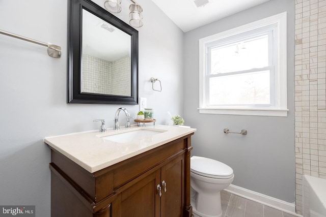 full bathroom with visible vents, vanity, toilet, and baseboards