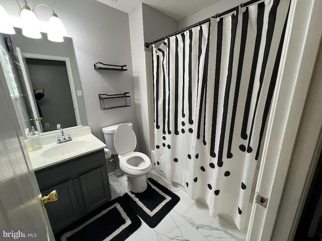 bathroom featuring toilet, marble finish floor, a shower with shower curtain, and vanity