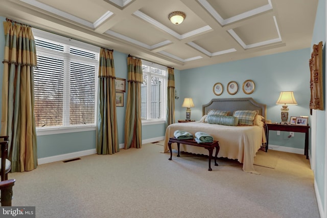 bedroom with baseboards, visible vents, coffered ceiling, beamed ceiling, and carpet flooring