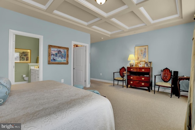 carpeted bedroom featuring beam ceiling, baseboards, coffered ceiling, and connected bathroom