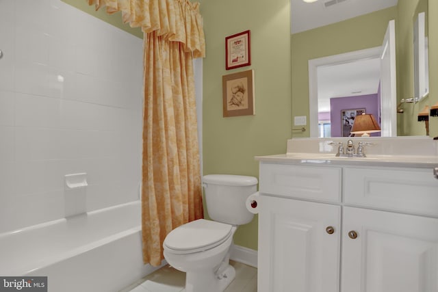 full bathroom with vanity, visible vents, tile patterned flooring, shower / bath combination with curtain, and toilet